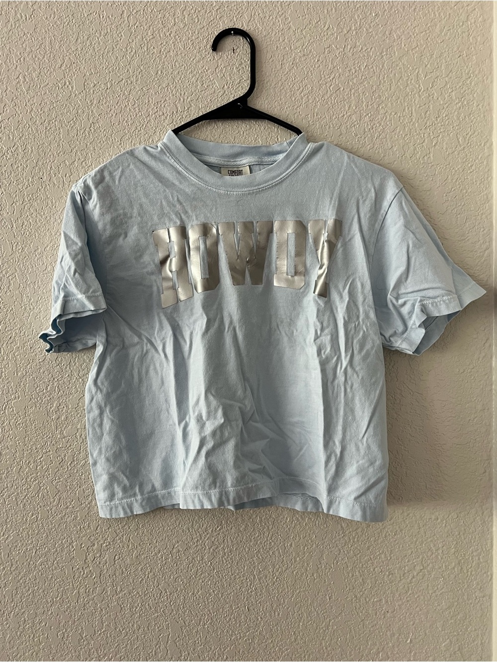 Comfort Colors Light Blue Tee with Silver Foil Logo Howdy cropped